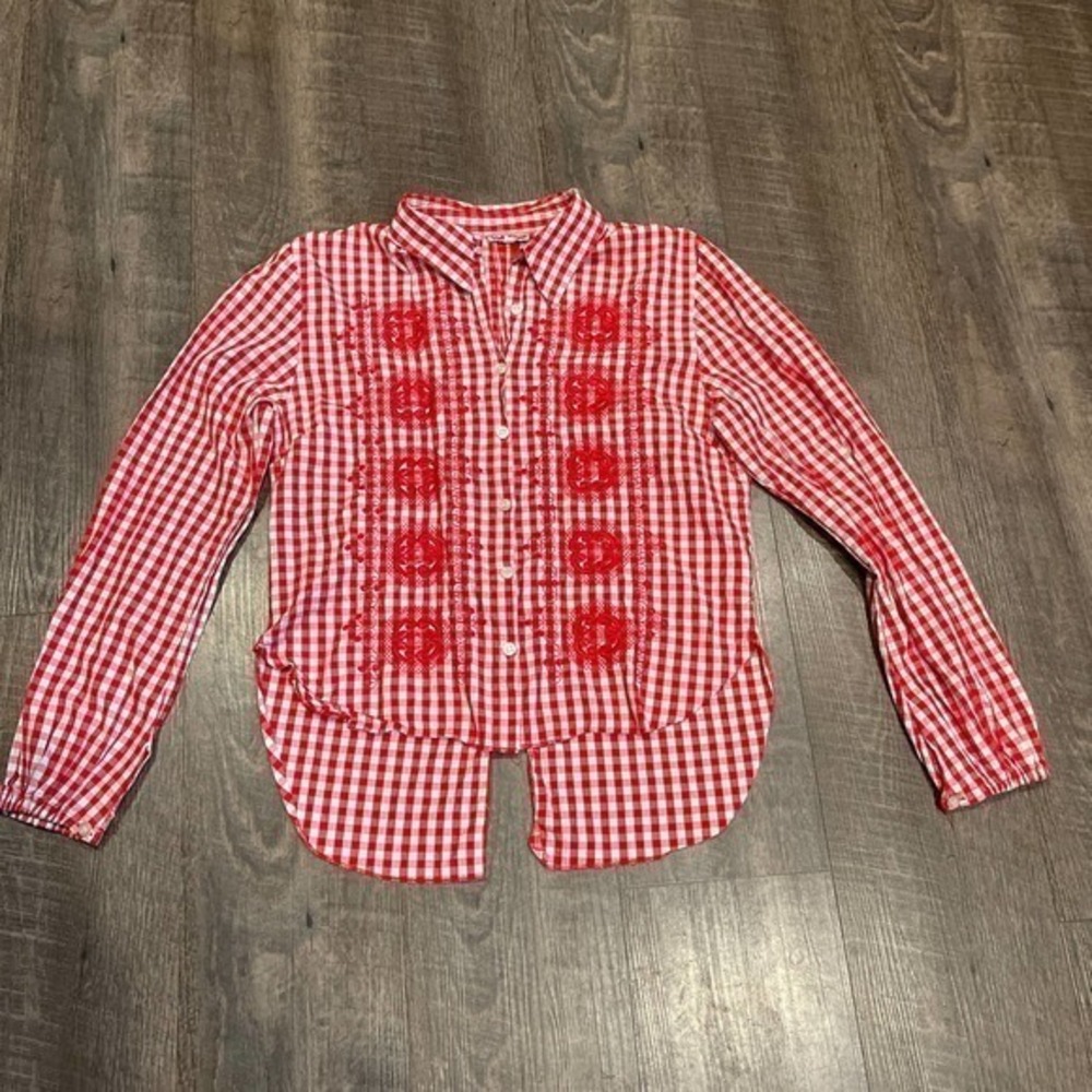 Stella Forest Gingham Embroidered Button Down Top - image 1